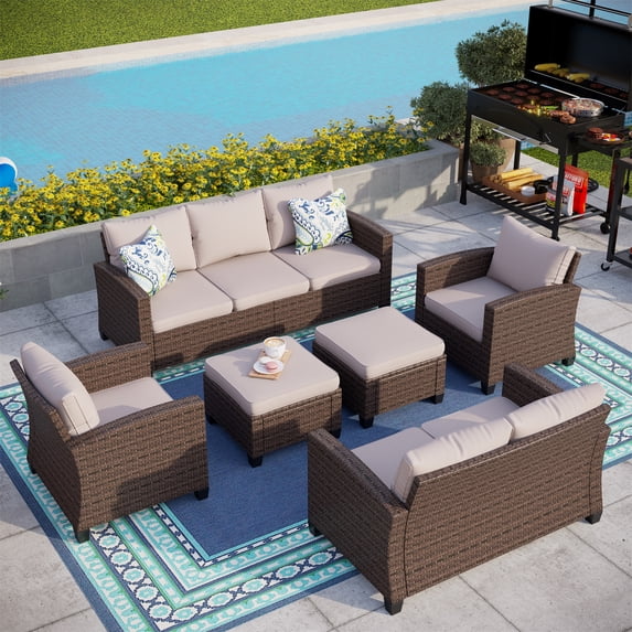 MF Studio 9-Seat Outdoor Patio Conversation Set Wicker Furniture Sofa Set Beige