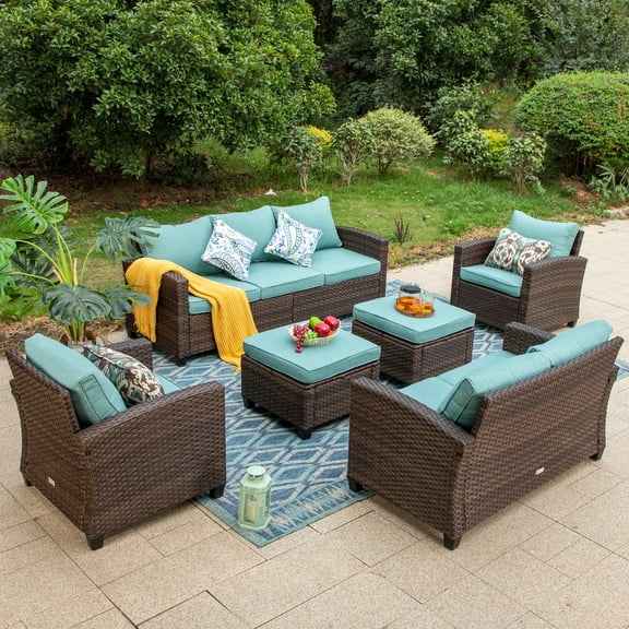 MF Studio 9-Seat Outdoor Patio Conversation Set Wicker Furniture Sofa Set Blue