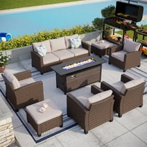 MF Studio 9-Seat Outdoor Patio Furniture Set with Fire Pit Table Wicker Patio Conversation Set Beige