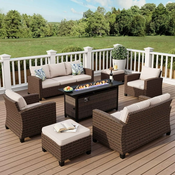MF Studio 9-Seat Outdoor Patio Furniture Set with Fire Pit Table Wicker Patio Conversation Set Beige