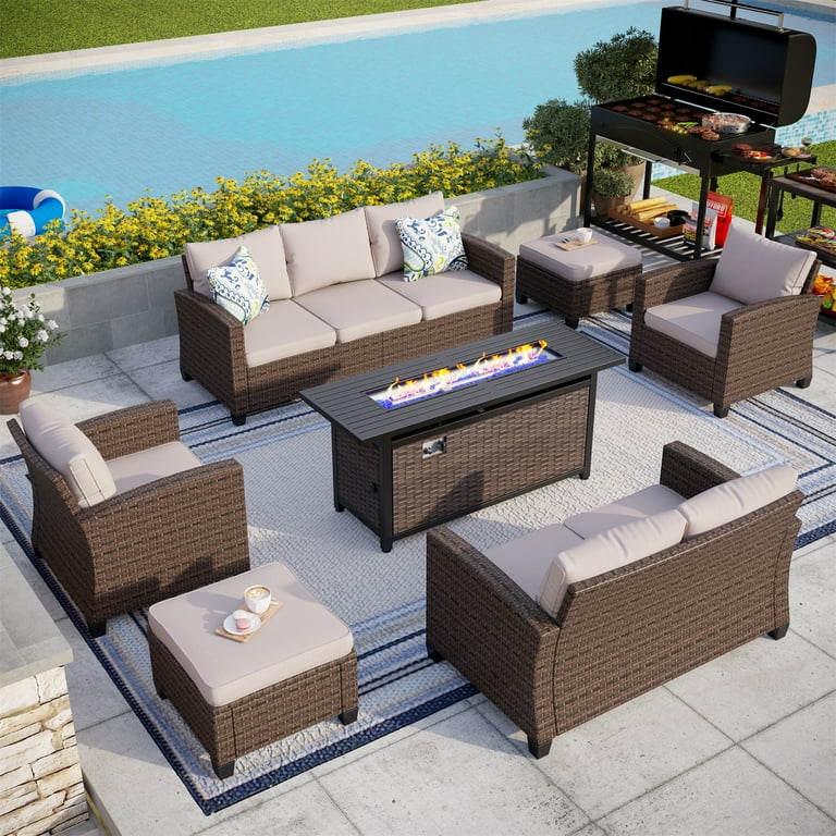 MF Studio 9 Seat Outdoor Patio Furniture Set with Fire Pit Table Wicker Patio Conversation Set Beige