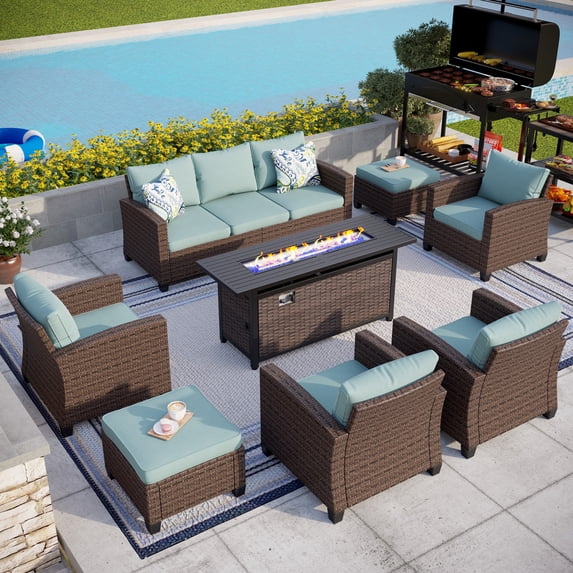 MF Studio 9-Seat Outdoor Patio Furniture Set with Fire Pit Table Wicker Patio Conversation Set Blue