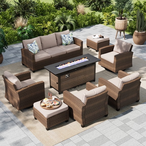 MF Studio 9-Seater Outdoor Patio Furniture Set with Swivel Chair Sofa and Fire Pit Table Wicker Patio Sectional Conversation Set Beige