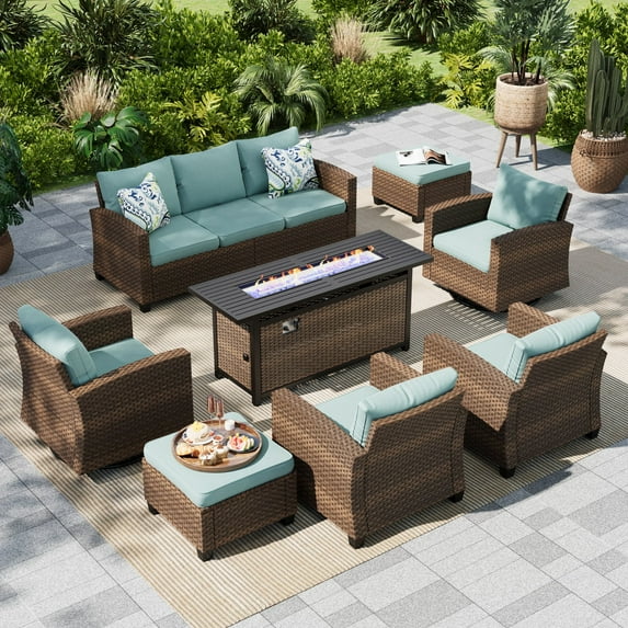MF Studio 9-Seater Outdoor Patio Furniture Set with Swivel Chair Sofa and Fire Pit Table Wicker Patio Sectional Conversation Set Blue