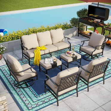 MF Studio 9-Seater Patio Conversation Set Metal Outdoor Furniture with Swivel Chair Sofa Beige