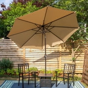 MF Studio 9ft Patio Umbrella with 8 Sturdy Ribs with Push Button Tilt/Crank Outdoor Market Table Umbrellas Beige