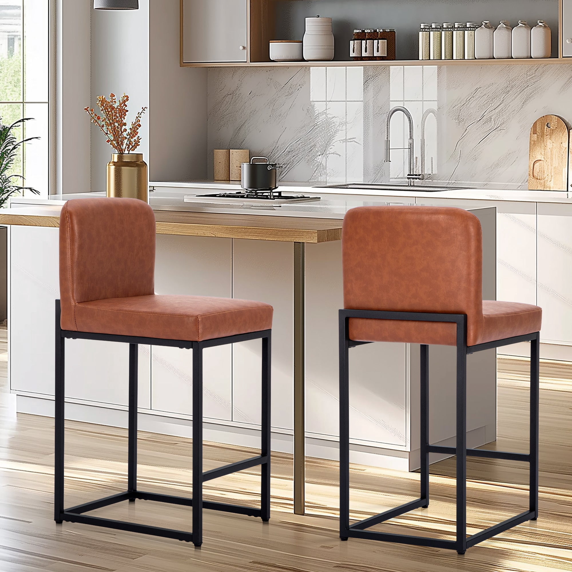 MF Studio Bar Stool with Back Set of 2, 24" Counter Height Bar Stool with 3.5" Thick Padding for Home Kitchen, Brown