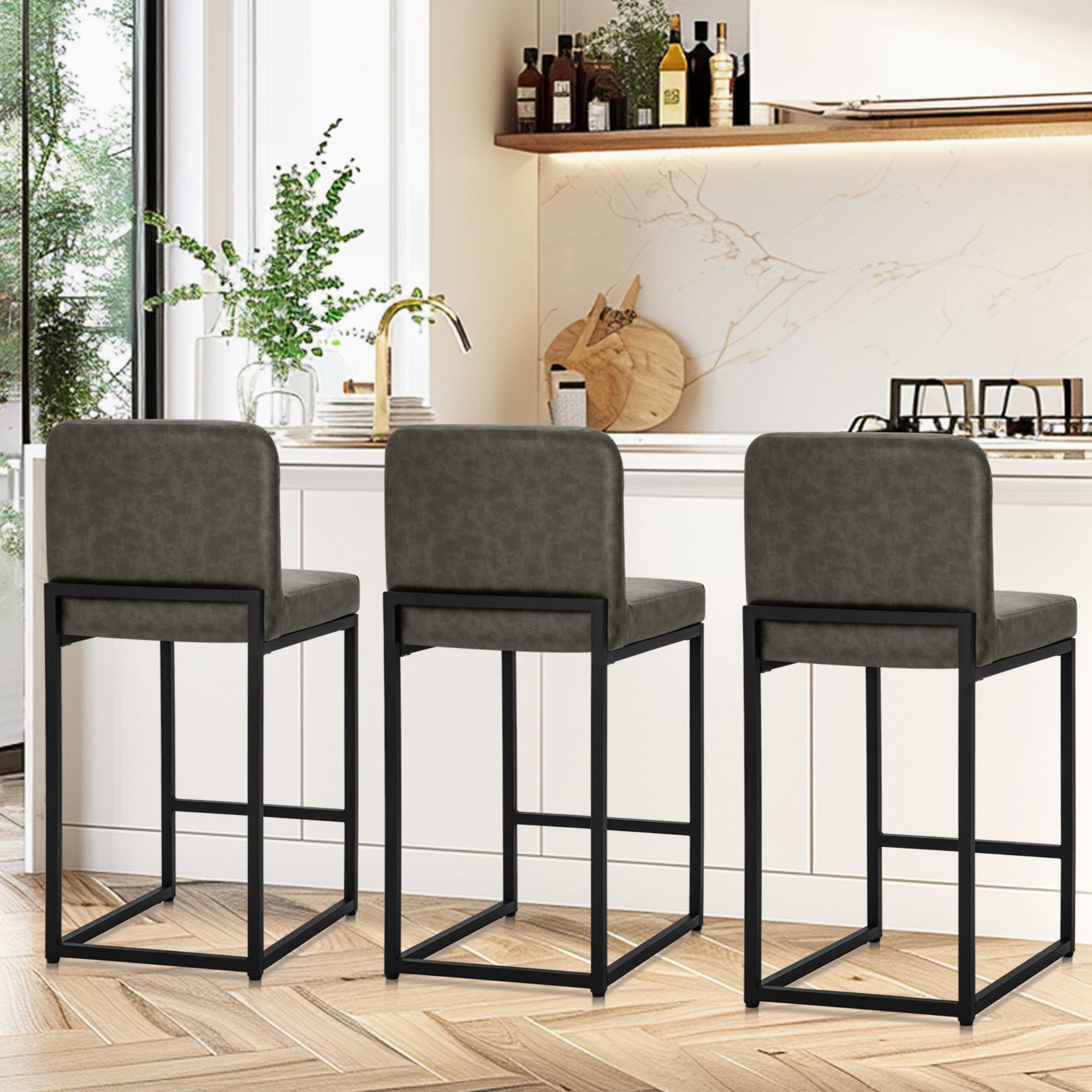 MF Studio Bar Stool with Back Set of 3, 24" Counter Height Bar Stool with 3.5" Cushion for Kitchen Dining, Gray
