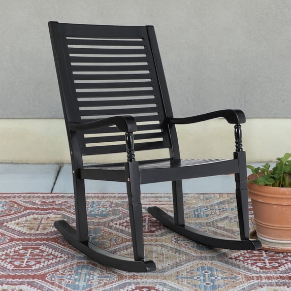 SUMMIT LIVING Outdoor Rocking Chair with Footrest, High Back Wooden Oversized Adirondack Slat Rocker for Patio,Garden,Lawn,Balcony, Black