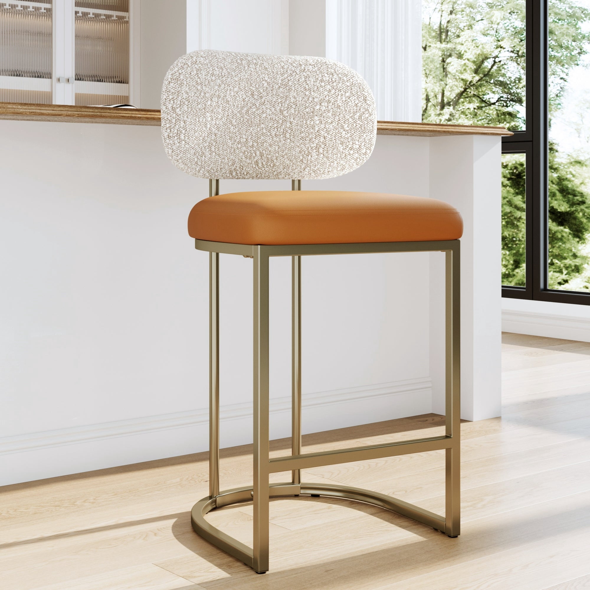 MF Studio Counter Height Bar Stool with Back, 24.8" Modern PU Upholstered Bar Chair with Large Chenille Back and Metal Frame, Bronze