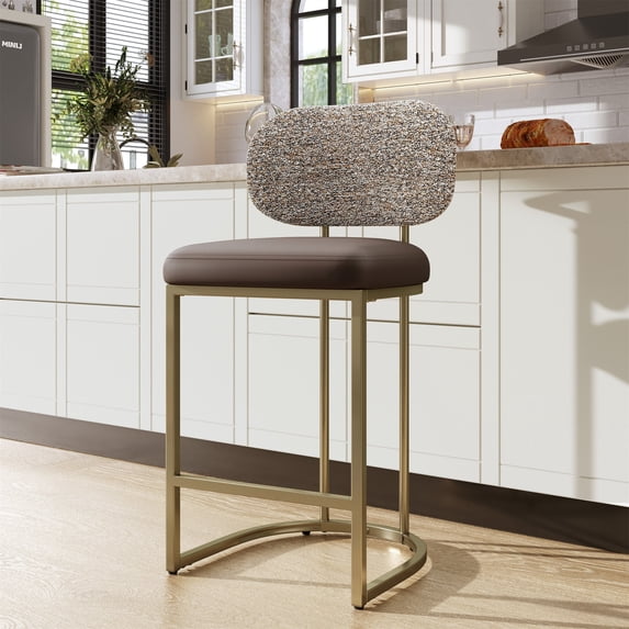 Summit Living Counter Height Bar Stool with Back, 24.8" Modern PU Upholstered Bar Chair with Metal Frame, Brown