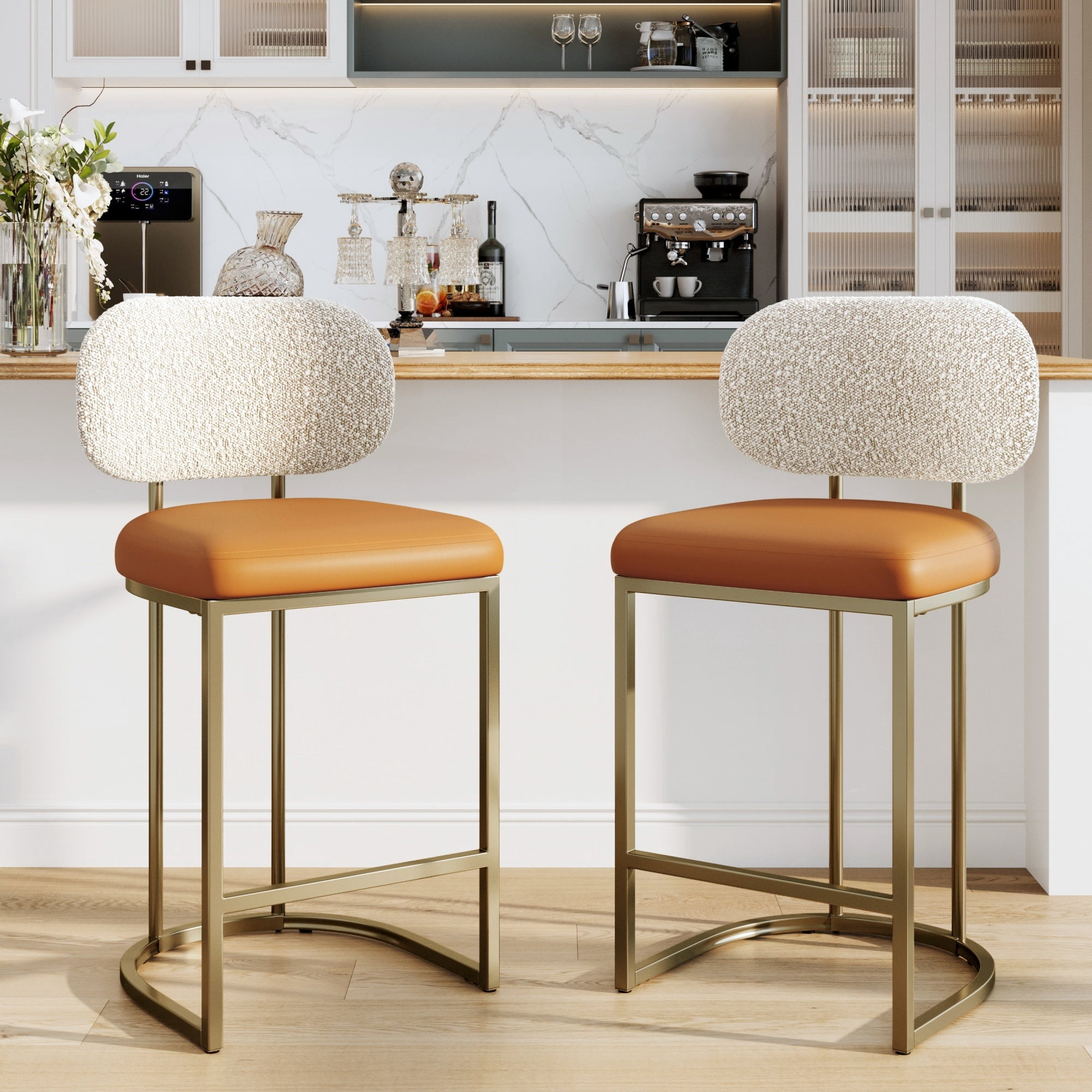 MF Studio Counter Height Bar Stool with Back Set of 2, 24.8" Modern PU Upholstered Bar Chair with Large Chenille Back and Metal Frame, Bronze