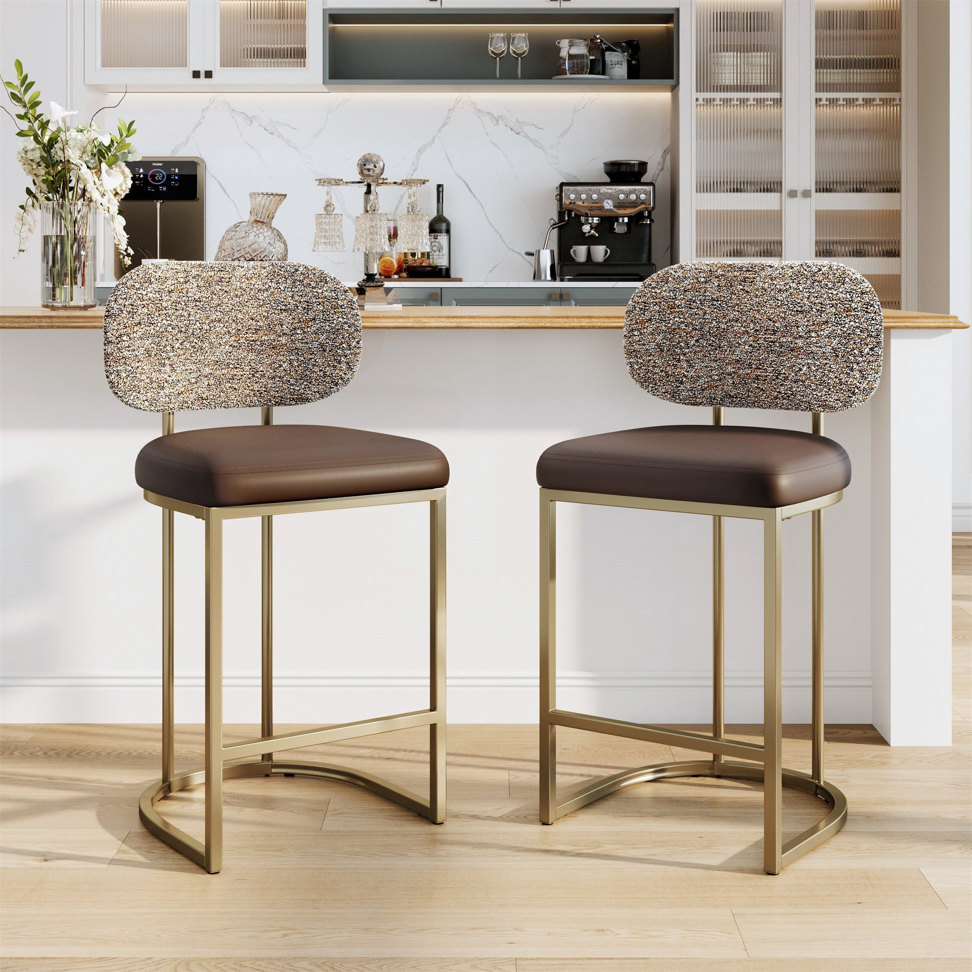 MF Studio Counter Height Bar Stool with Back Set of 2, 24.8" Modern PU ...