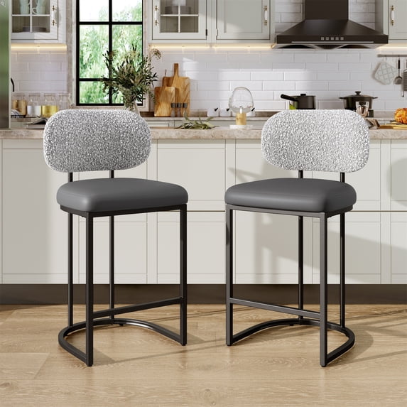 Summit Living Counter Height Bar Stool with Back Set of 2, 24.8" Modern PU Upholstered Bar Chair with Metal Frame, Gray