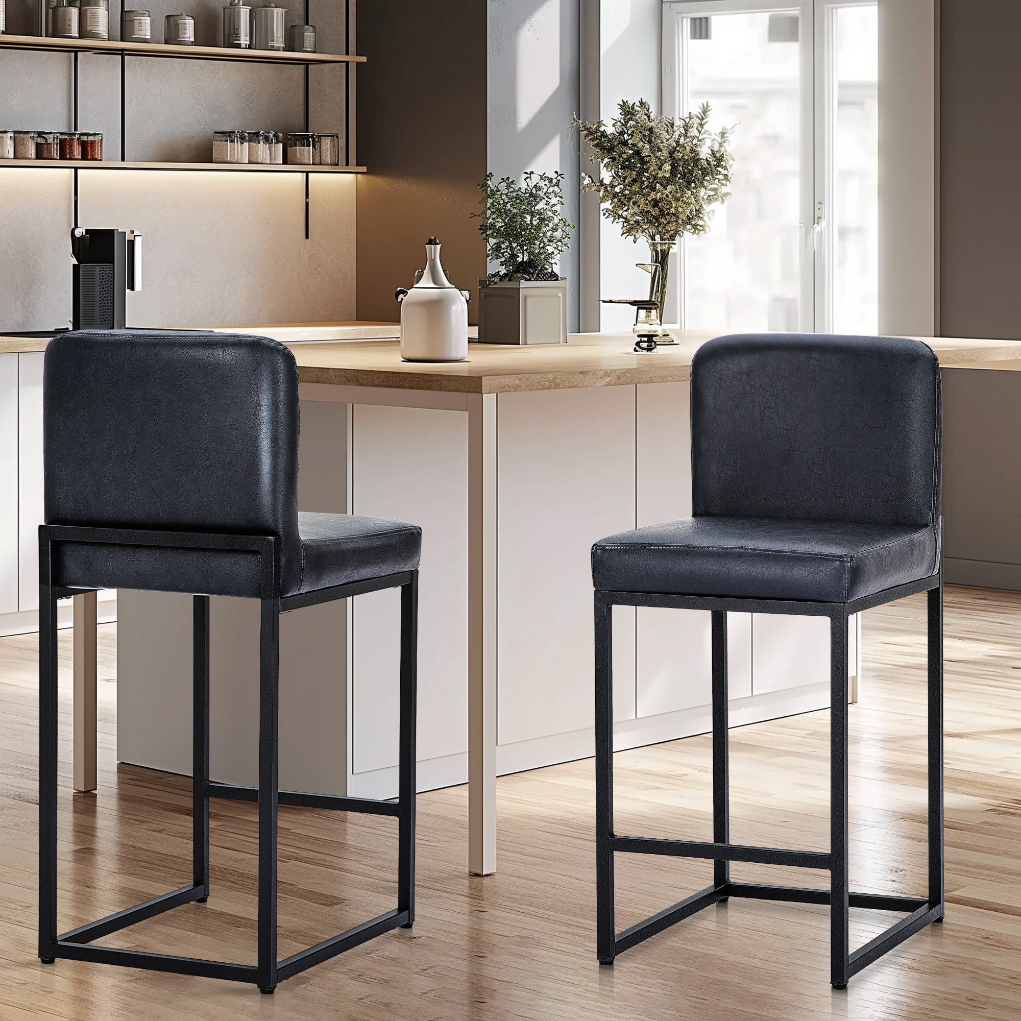 MF Studio Counter Height Bar Stool with Back Set of 2, Faux Leather Metal Bar Stool for Kitchen, Midnight Blue