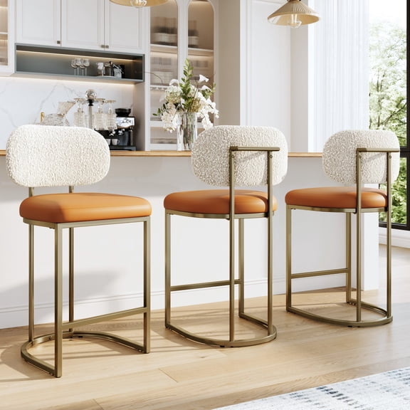 MF Studio Counter Height Bar Stool with Back Set of 3, 24.8" Modern PU Upholstered Bar Chair with Large Chenille Back and Metal Frame, Bronze