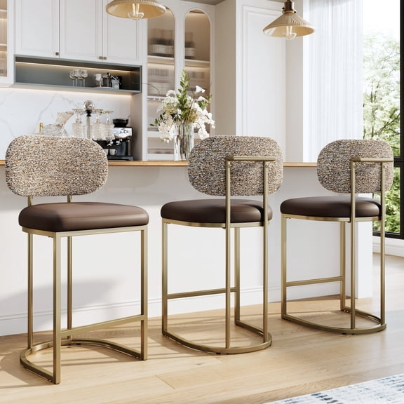 MF Studio Counter Height Bar Stool with Back Set of 3, 24.8" Modern PU Upholstered Bar Chair with Large Chenille Back and Metal Frame, Taupe