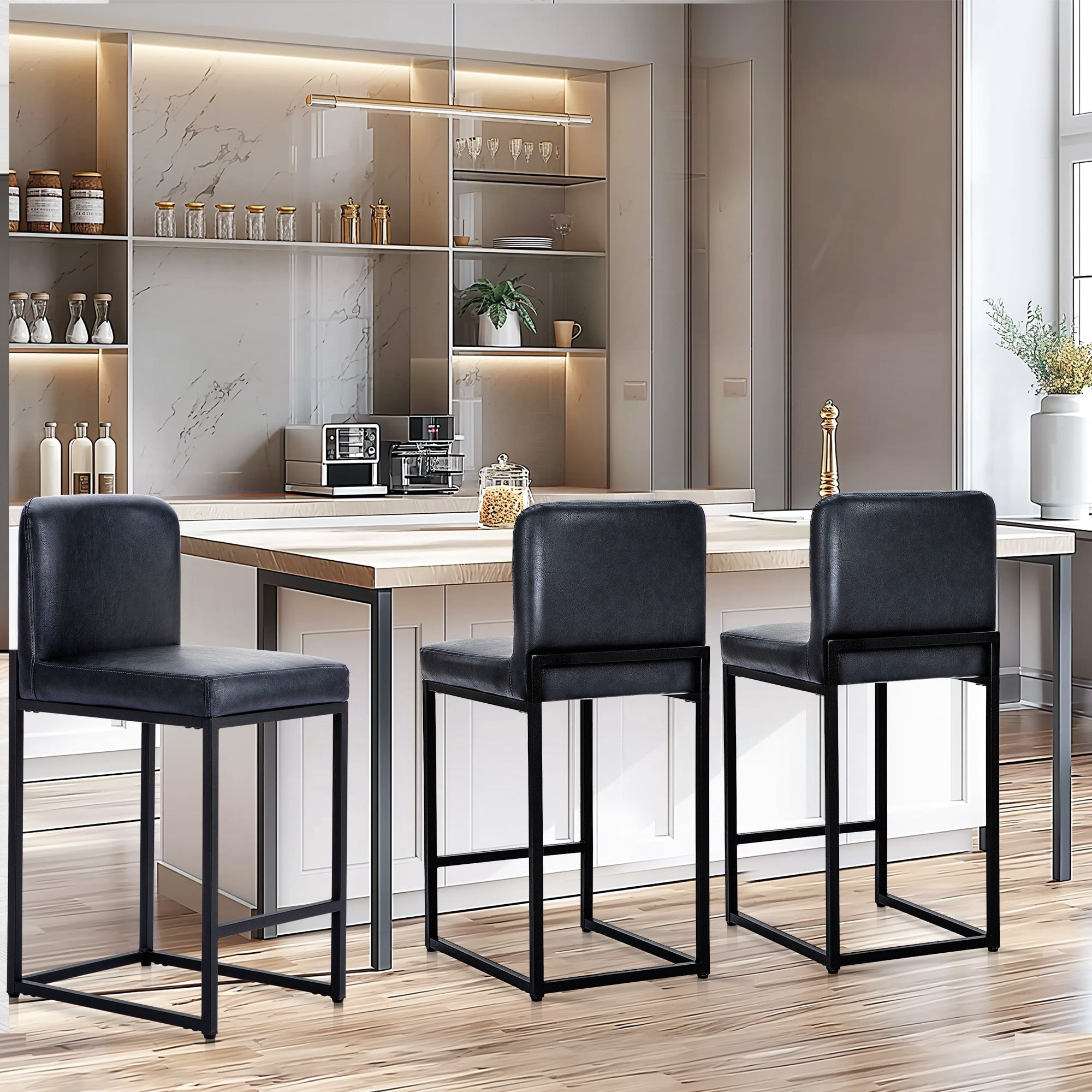MF Studio Counter Height Bar Stool with Back Set of 3, Faux Leather Metal Bar Stool for Kitchen, Midnight Blue