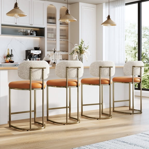 MF Studio Counter Height Bar Stool with Back Set of 4, 24.8" Modern PU Upholstered Bar Chair with Large Chenille Back and Metal Frame, Bronze