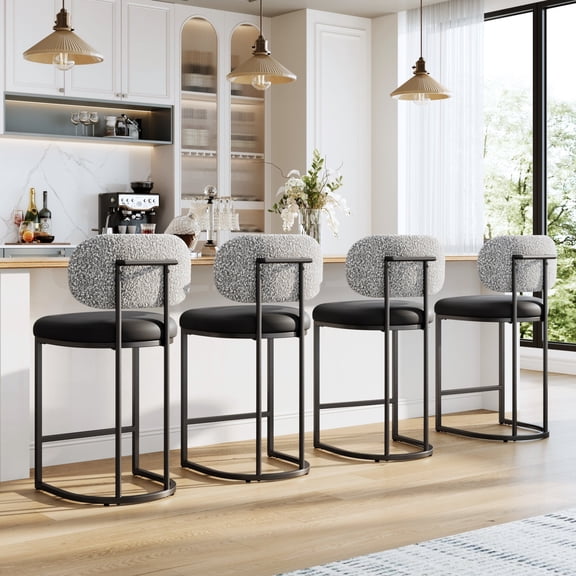 MF Studio Counter Height Bar Stool with Back Set of 4, 24.8" Modern PU Upholstered Bar Chair with Large Chenille Back and Metal Frame, Gray