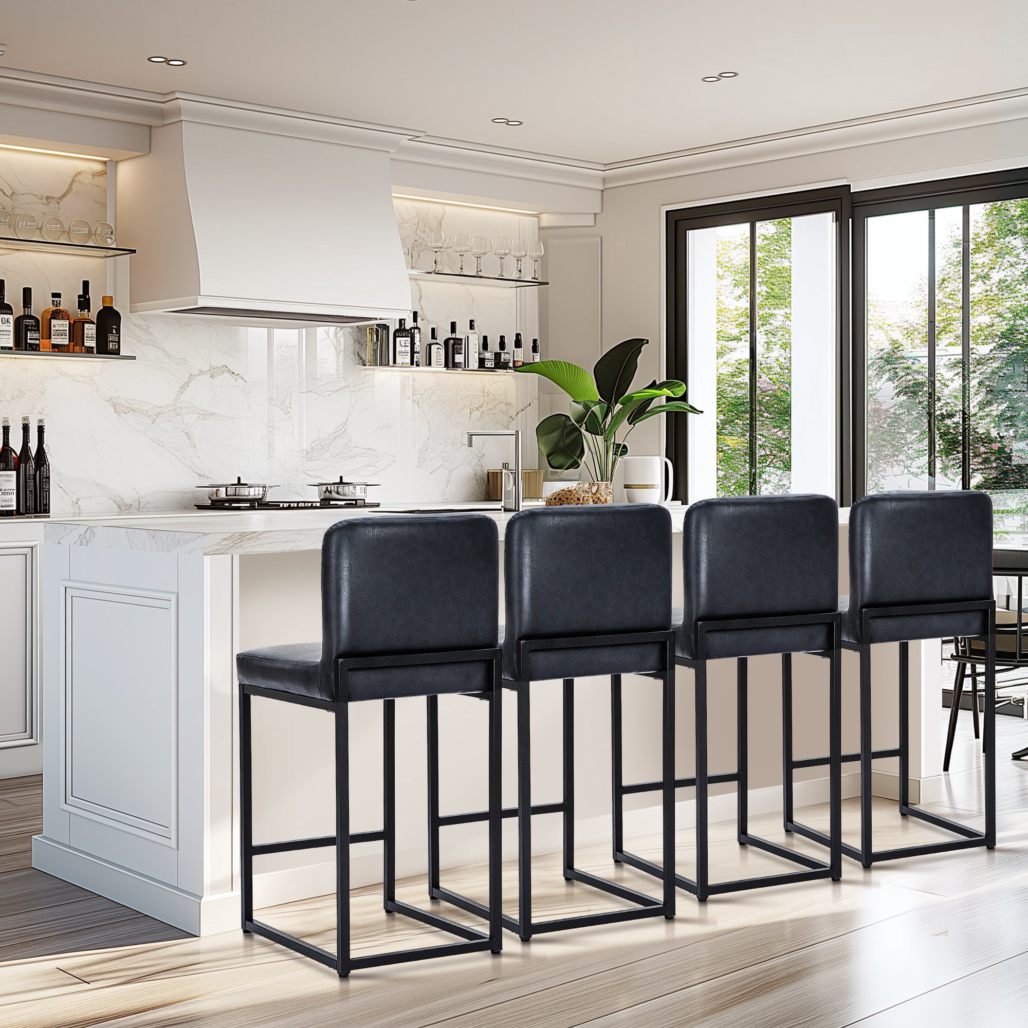 MF Studio Counter Height Bar Stool with Back Set of 4, Faux Leather Metal Bar Stool for Kitchen, Midnight Blue