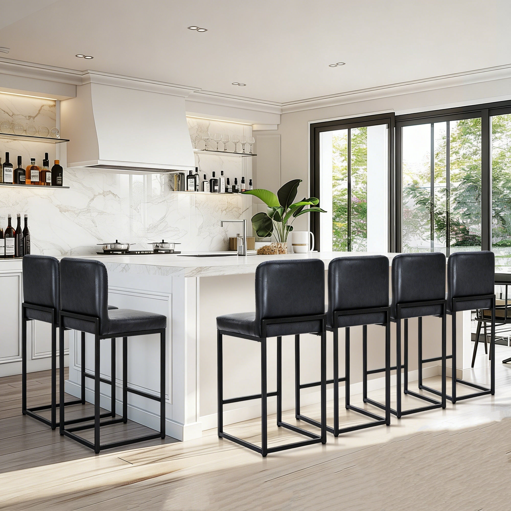 MF Studio Counter Height Bar Stool with Back Set of 6, Faux Leather Metal Bar Stool for Kitchen, Midnight Blue