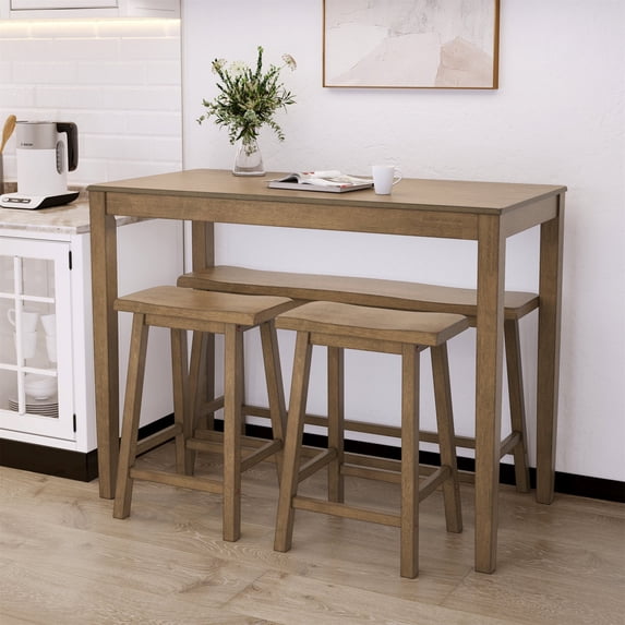 SUMMIT LIVING Counter Height Bar Table Set with Bar Stool and Bench, 4-Piece Wood Dining Table Set for Small Space, Rustic Caramel