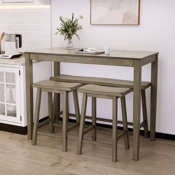 SUMMIT LIVING Counter Height Bar Table with Stool and Bench, 4-Piece Wood Dining Table Set for Small Space, Gray