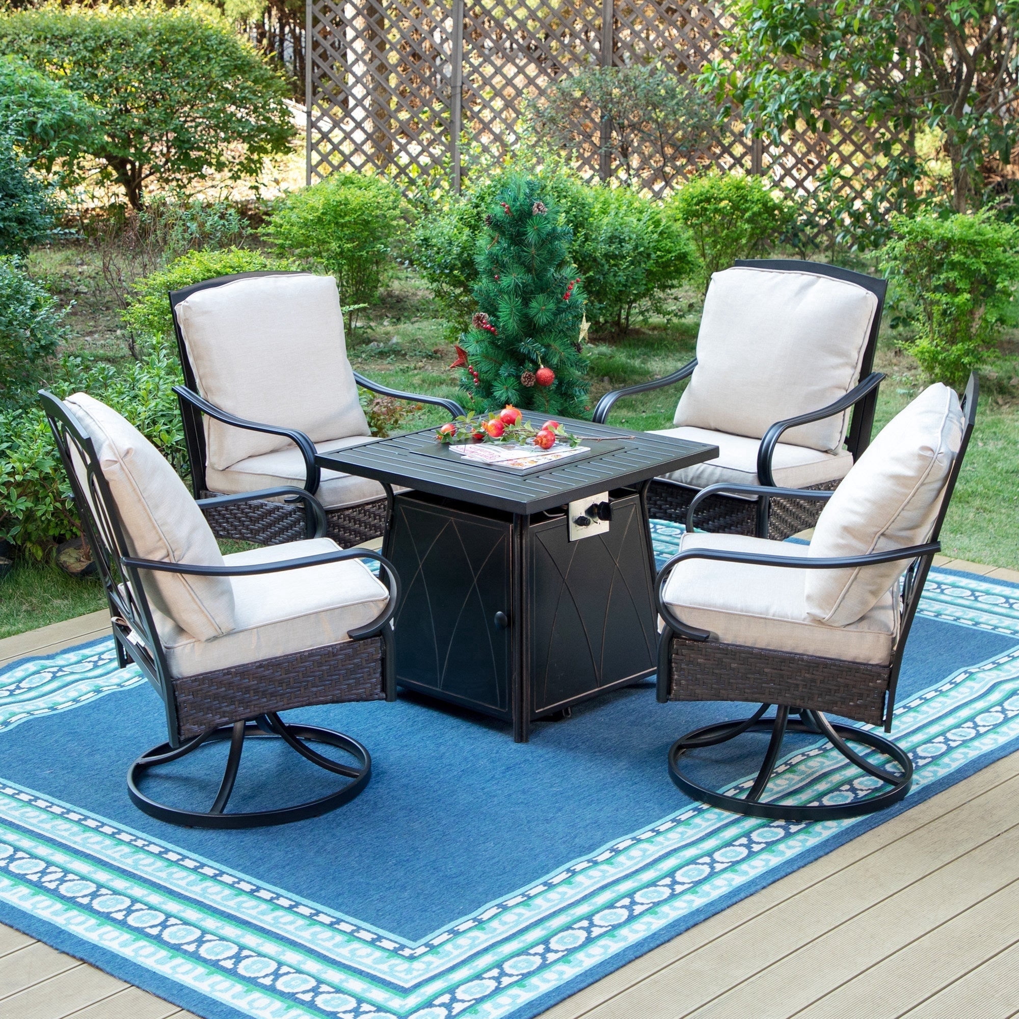 MF Studio Outdoor Patio Furniture Set with Fire Pit Table, 5-Piece Outdoor Patio Conversation Set with Fire Pit Table and Swivel Chairs, Black & Beige