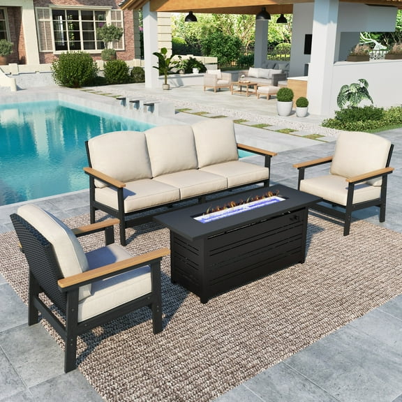 MF Studio HDPE Patio Furniture Set with Fire Pit, 4-Piece HDPE & Wicker Outdoor Conversation Set with 56" Fire Pit Table, Black