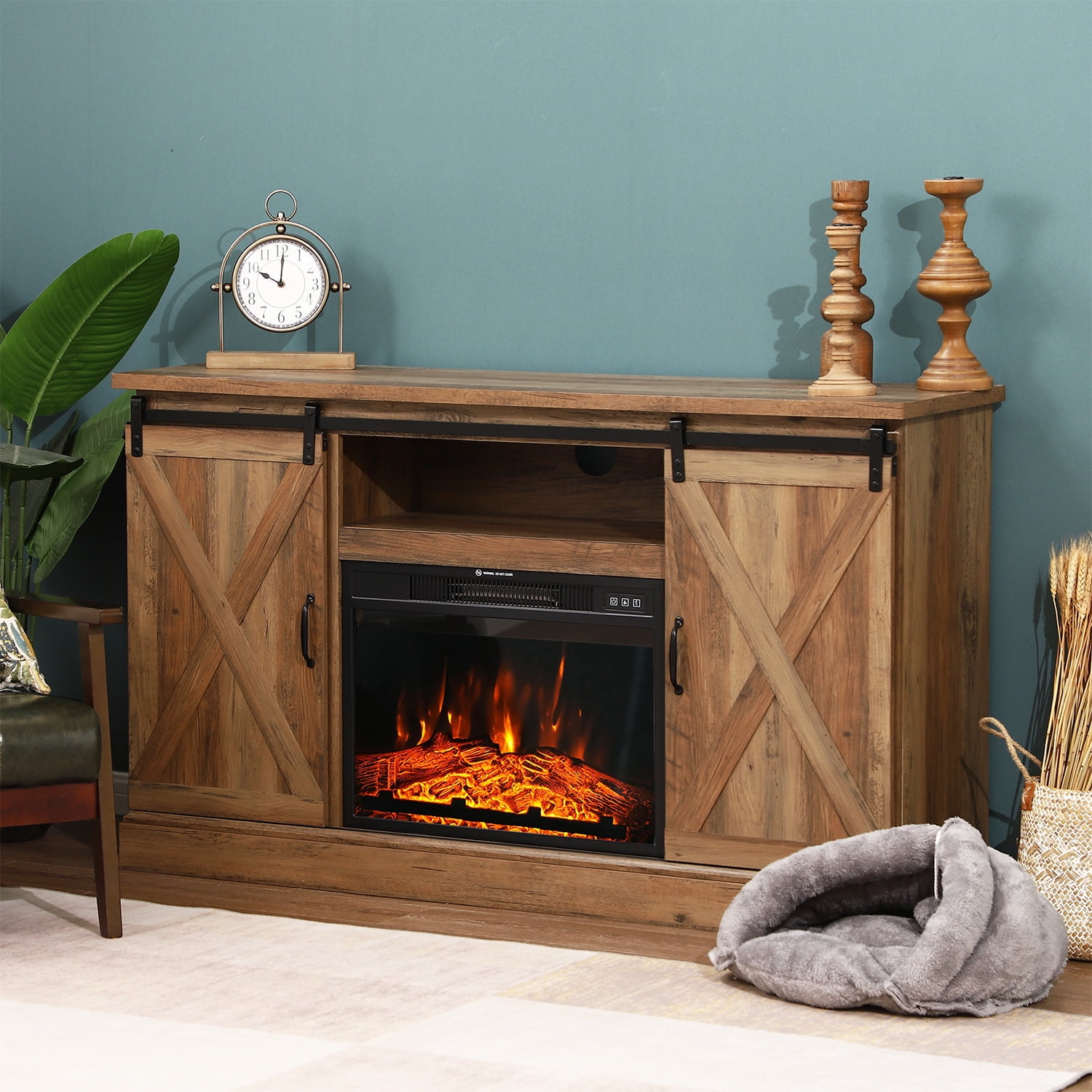 MF Studio Home Electric Fireplace TV Stand for TVs up to 65 with Insert  fireplace 1400W/4780 BTU, Double Barn Door Cabinet, Rustic - Walmart.com