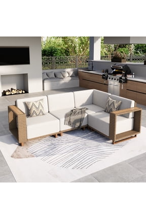4-Piece Wicker Patio Furniture Set, L-Shaped Outdoor Sectional Sofa with 9.8" Extra Thick Cushions, Beige