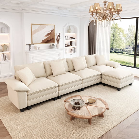 MF Studio L-Shaped Sectional Sofa, 158" Oversized Cloud Couch with Ottoman and Pillow, Plush Chenille Upholstery, White