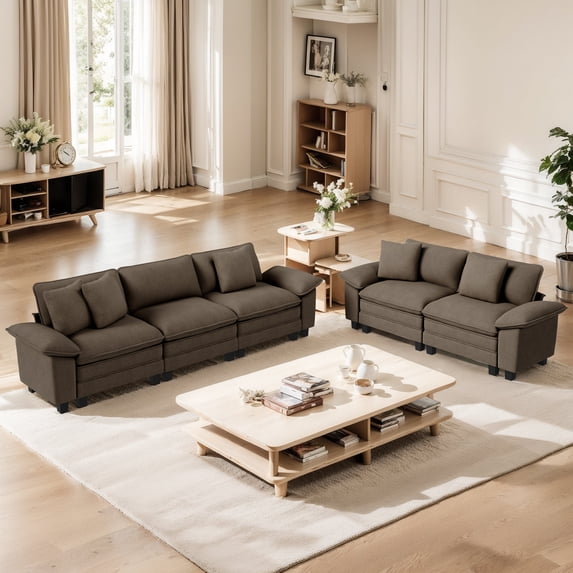 MF Studio Living Room Furniture Set, 3-Seat & Loveseat Sectional Sofa Set, Chenille Cloud Couch with 5 Pillows, Grayish Brown