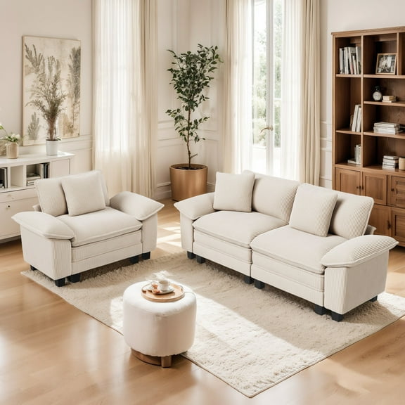 MF Studio Living Room Furniture Set, 3-Seat Sectional Sofa Set, Corduroy Cloud Couch with 3 Pillows, White