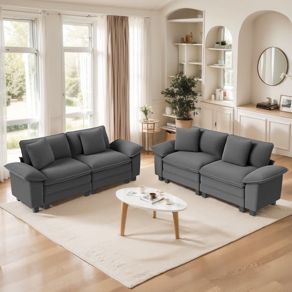 MF Studio Living Room Furniture Set, 4-Seat Sectional Sofa Set, Corduroy Cloud Couch with 4 Pillows, Gray