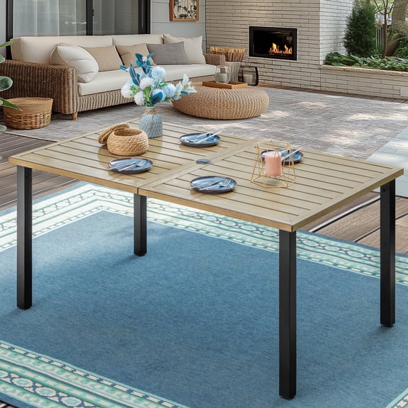 SUMMIT LIVING 60" x 36" Rectangle Metal Outdoor Patio Dining Table for 6, Wood-Grain Patio Table with Umbrella Hole