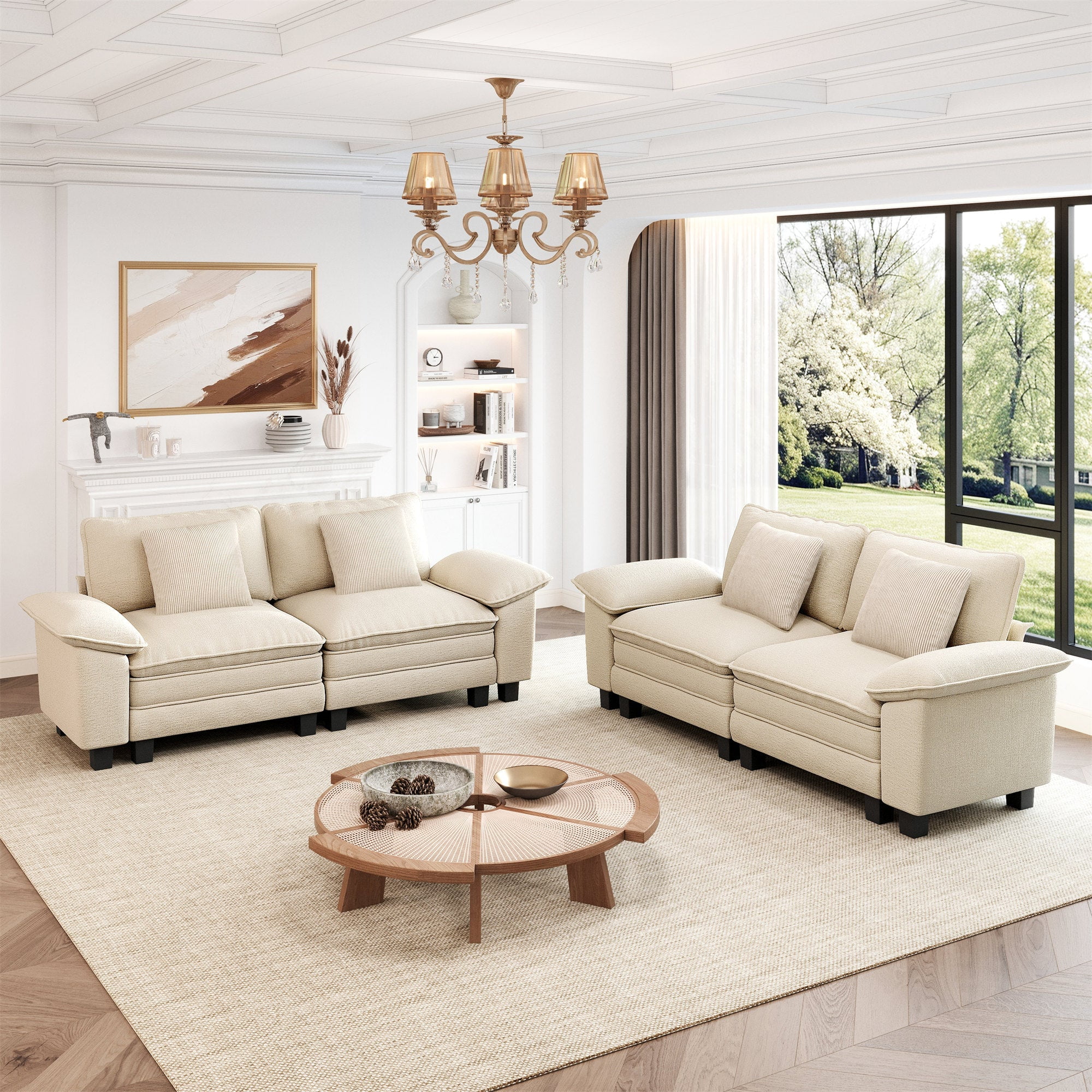 MF Studio Modular Cloud Couch Set, 4-Seater Oversized Loveseat Sofa Set with Removable Armrests, Comfy Chenille Fabric, White