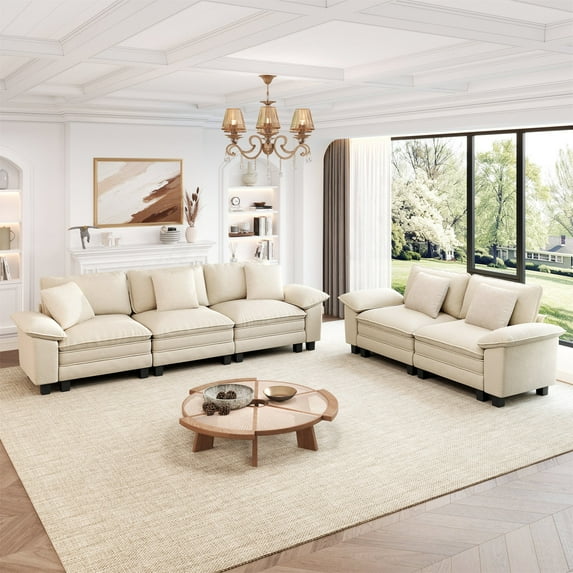 MF Studio Modular Cloud Couch Set, 5-Seater Loveseat and Sofa Set with Removable Armrests, Comfy Chenille Fabric, White