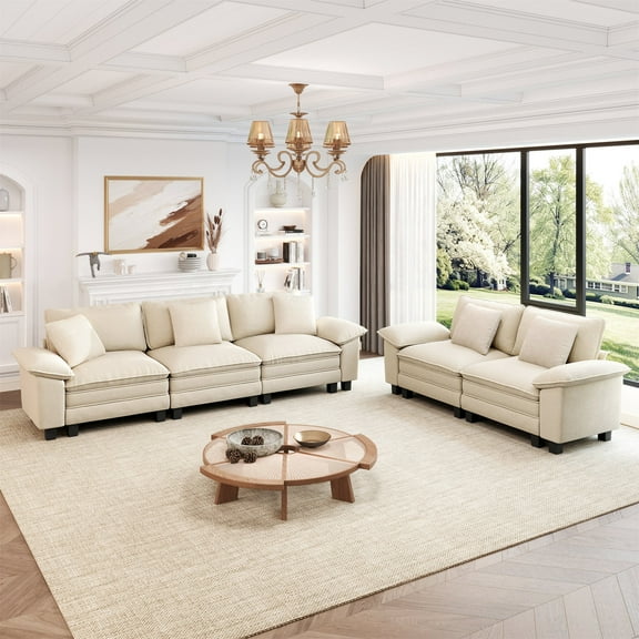 MF Studio Modular Cloud Couch Set, 5-Seater Loveseat and Sofa Set with Removable Armrests, Comfy Chenille Fabric, White