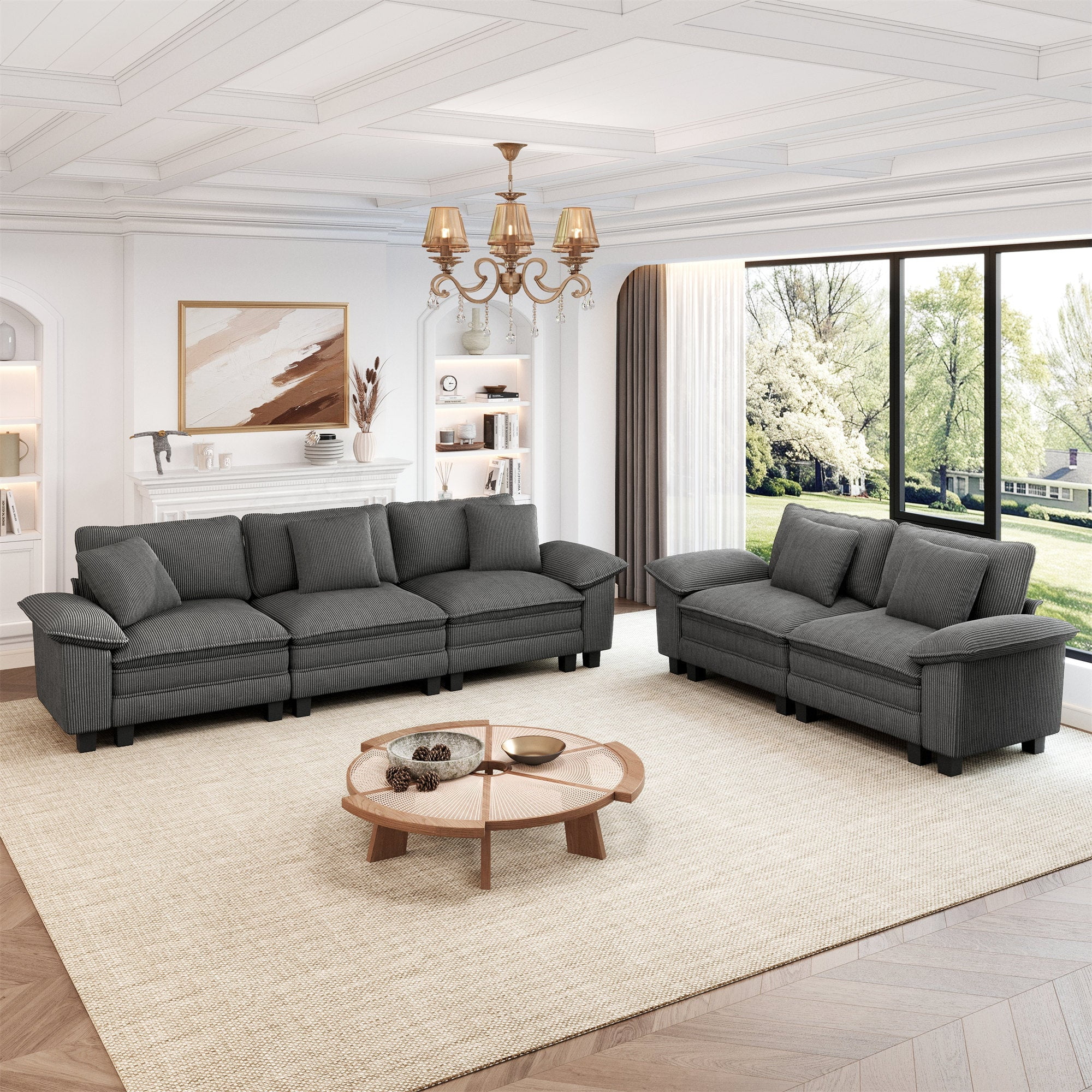 MF Studio Modular Cloud Couch Set, 5-Seater Loveseat and Sofa Set with Removable Armrests, Comfy Corduroy Fabric, Gray