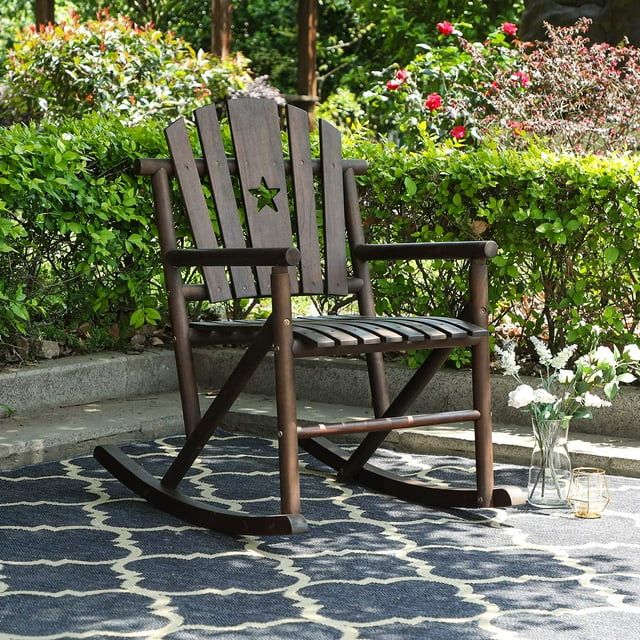 MF Studio Outdoor Rocking Chair Patio Acacia Wood Log Slatted Design Chair for Backyard, Garden, Lawn,Living Room-Brown