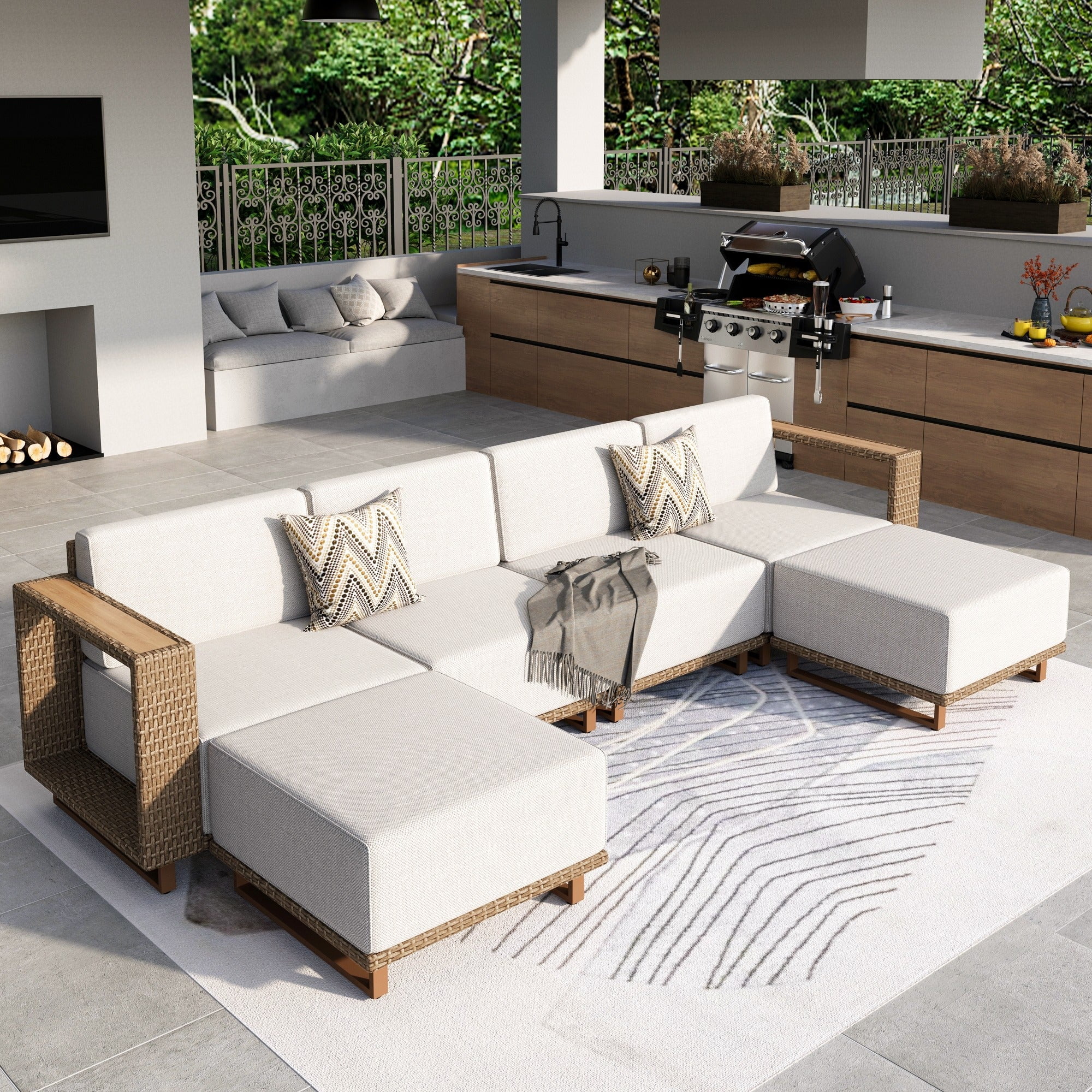 MF Studio 6-Piece Wicker Patio Furniture Set, Outdoor Sectional Conversation Sofa with 2 Ottomans, Beige