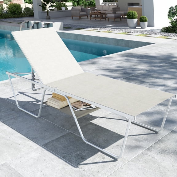 SUMMIT LIVING Oversized Outdoor Sling Chaise Lounge with 5-Level Adjustable Backrest & Storage Space, Single Patio Reclining Chair, Elegant Gray