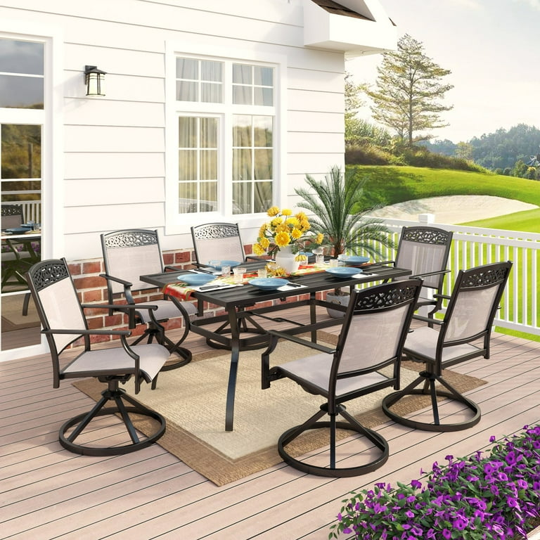 Black 7-Piece Metal Rectangle Patio Outdoor Dining Set with Slat Table and  Textilene Swivel Chairs