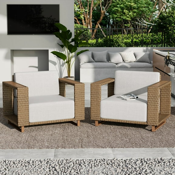 MF Studio Patio Furniture Set, 2-Pack Outdoor Wicker Club Patio Chairs with Thick Cushions, Beige