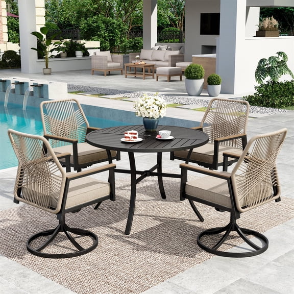 MF Studio 5 Pieces Outdoor Dining Set with Swivel All-Weather Rattan Rope Chair and 42" Round Table, Black and Beige