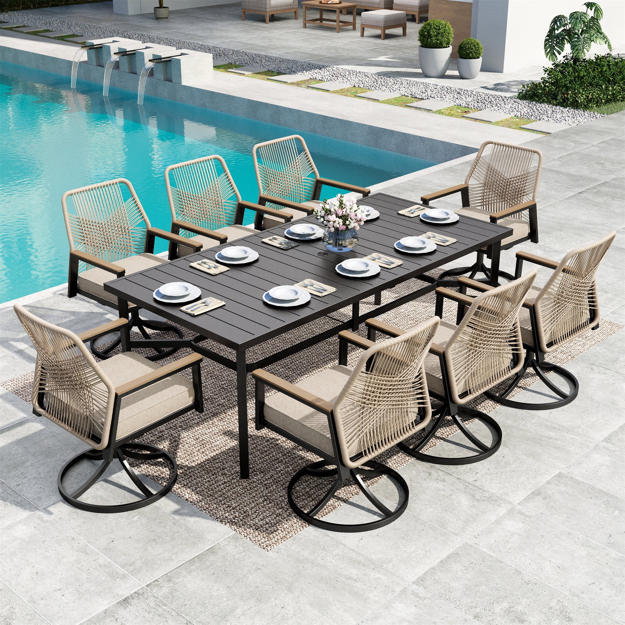 MF Studio 9-Piece Patio Table and Chairs Set, Outdoor Dining Set with Swivel All-Weather Rattan Rope Chair and 83" Rectangular Table, Black and Beige