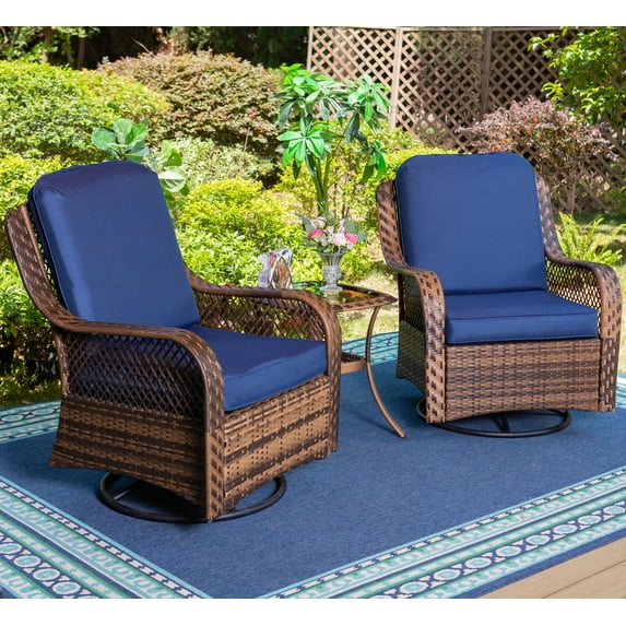 MF Studio Rattan Swivel Rocking Chairs 3 PC Patio Conversation Set, Outdoor Bistro Set Lawn Garden with 2 Cushioned Chairs & 1 Side Table