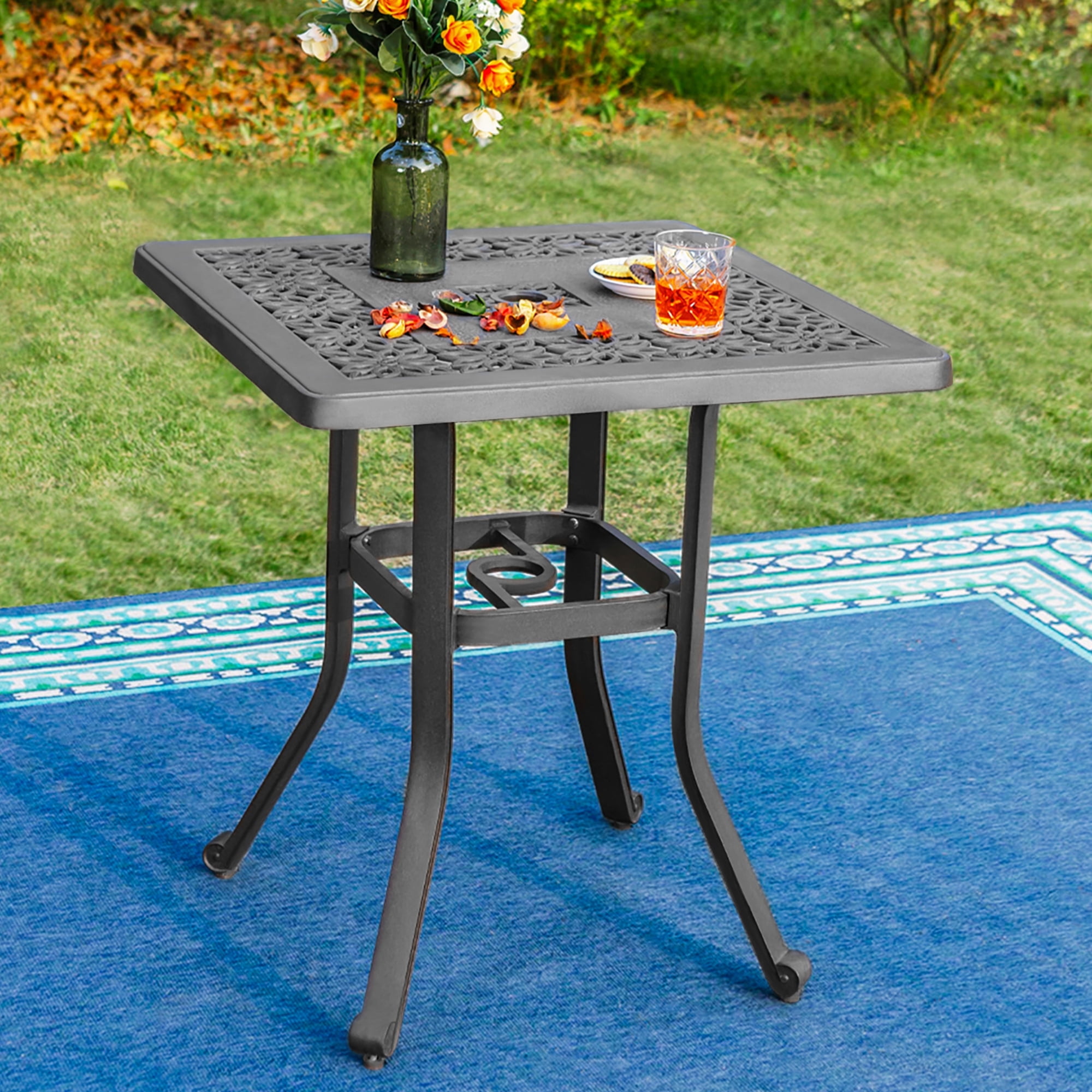 Brown Cast Aluminum Square Outdoor Bistro Table with Umbrella Hole